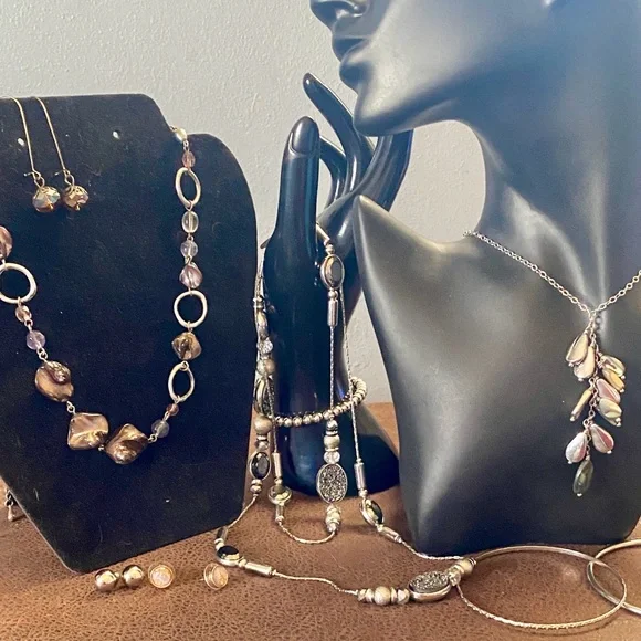 Vintage Lia Sophia abalone shell & baroque pearl necklace, NY floating bead - Picture 1 of 13